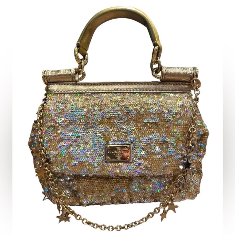 Dolce & Gabbana Gold with Multicolor Sequins Miss Sicily Clutch Top Handle RARE